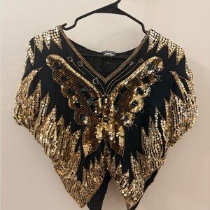 Vintage Black & Gold Sequin Butterfly Cape with Shoulder Pads